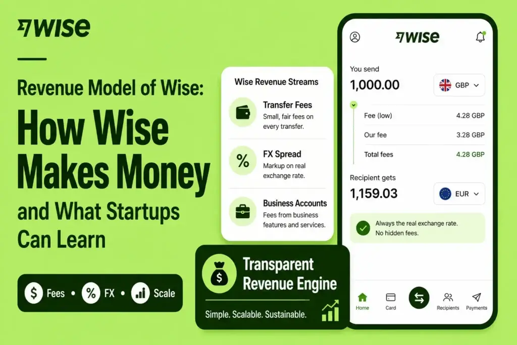 Wise revenue model showing transfer fees, FX spread, business accounts, transparent fee structure, real exchange rate, currency conversion, and scalable fintech revenue engine