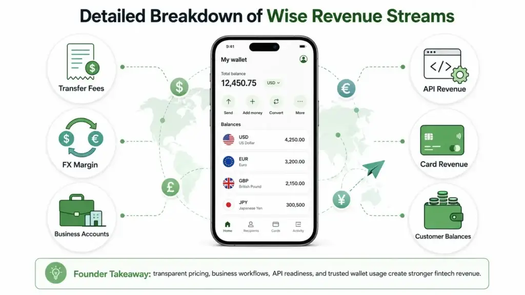 Revenue Model of Wise: How Wise Makes Money and What Startups Can Learn 1 Wise revenue streams breakdown showing transfer fees, FX margin, business accounts, API revenue, card revenue, customer balances, multi-currency wallet, and fintech business model