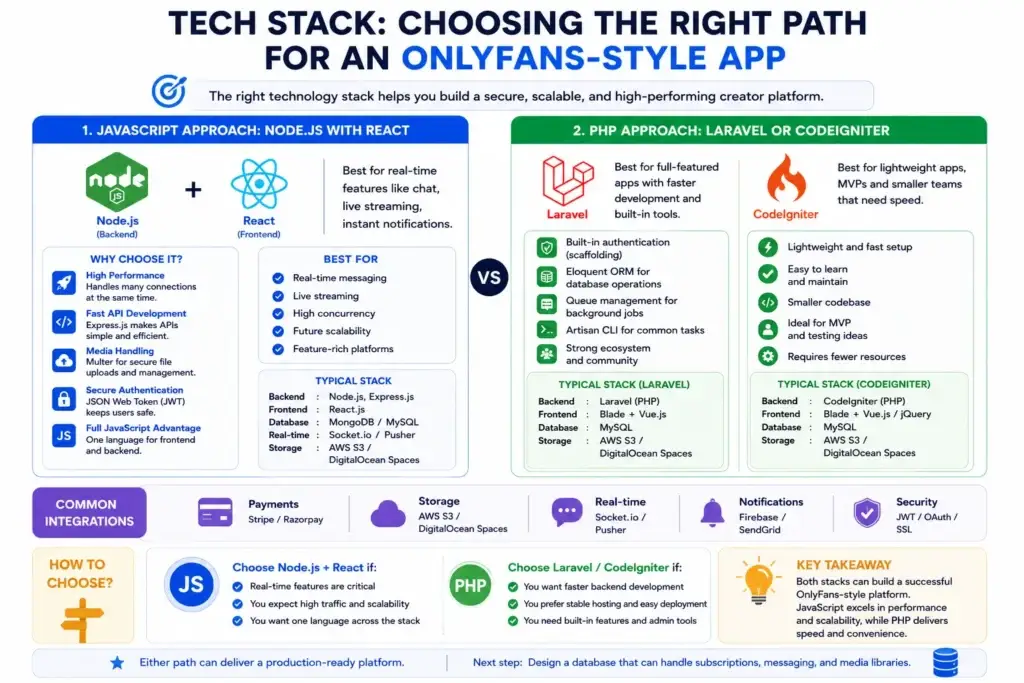 How to Build an App Like OnlyFans โ Developerโs Guide from Scratch 1 Simple comparison infographic showing two technology stack options for an OnlyFans-style app: Node.js with React for real-time features, performance, and scalability, versus Laravel or CodeIgniter with PHP for faster development, stable hosting, and built-in backend tools.