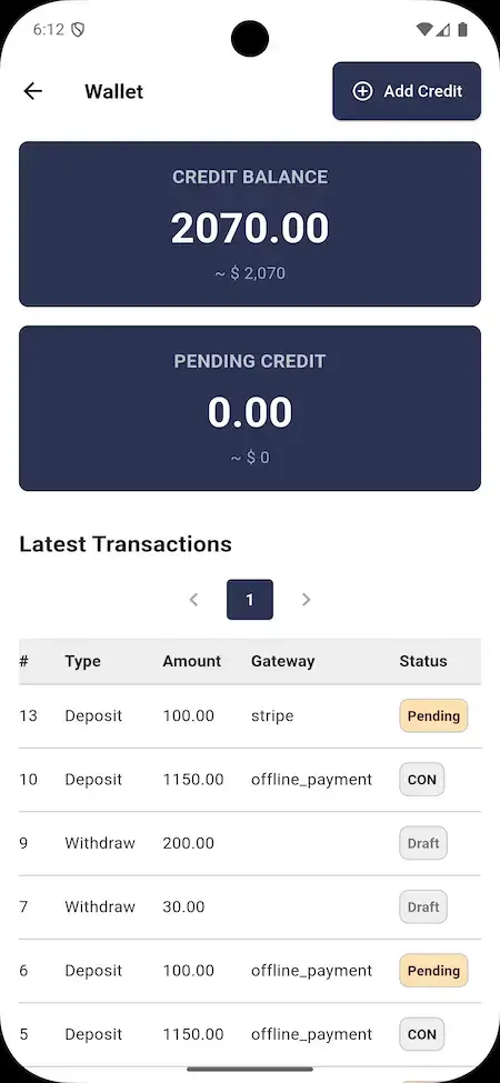 Dream Yacht Charter Clone 15 Dream Yacht Charter Clone wallet screen showing credit balance and latest transactions