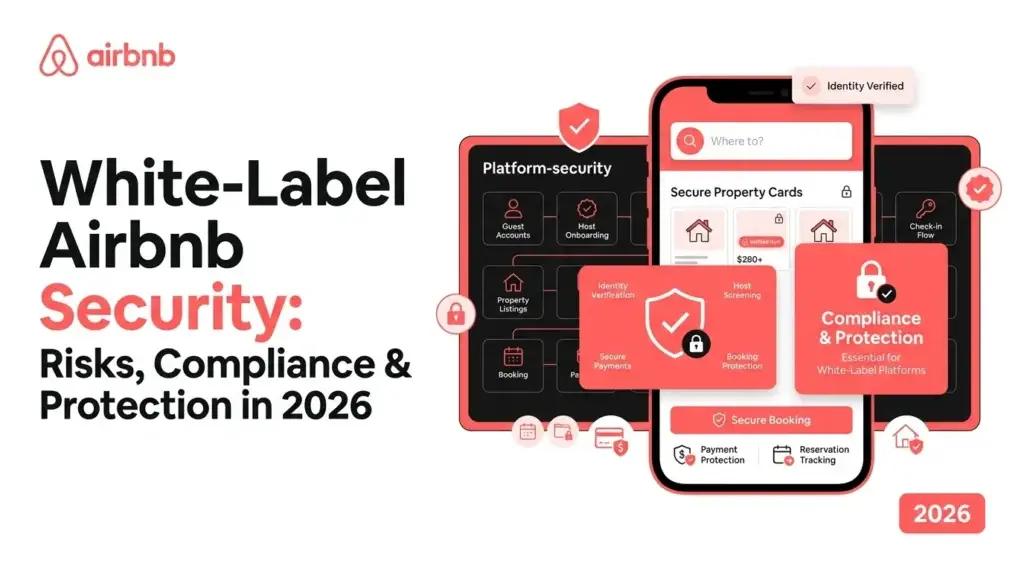 White-label Airbnb security featured image showing guest accounts, host onboarding, property listings, identity verification, host screening, secure payments, booking protection, secure check-in, reservation tracking, and platform compliance.