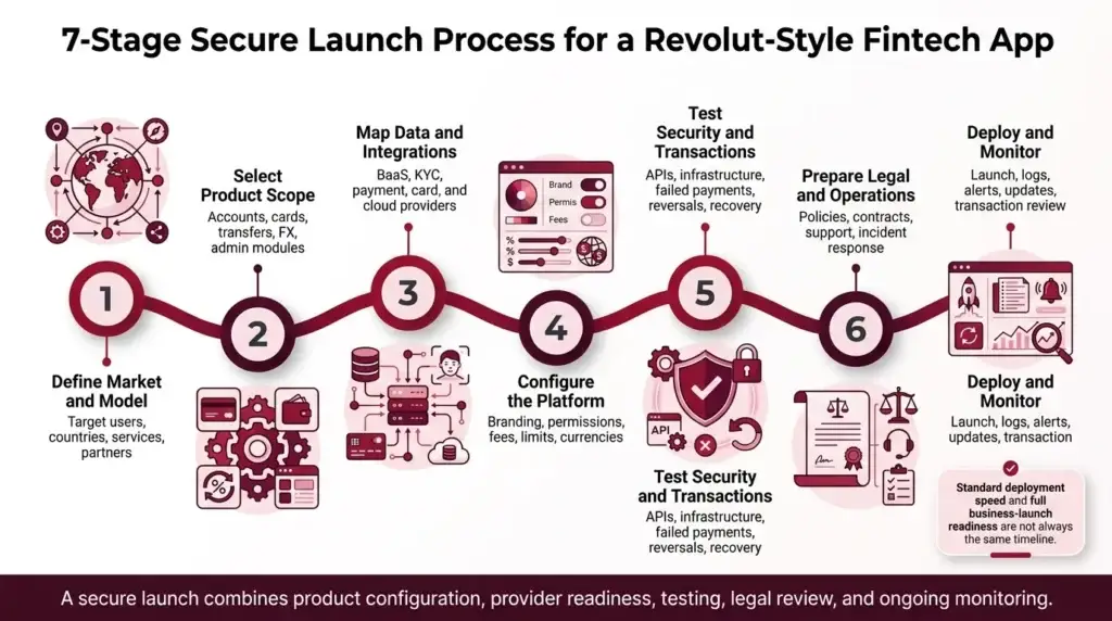 How Safe Is a White-Label Revolut app? Security Guide 2026 2 Seven-stage launch process for a secure Revolut-style fintech app, from market planning and integrations to testing, deployment, and monitoring.