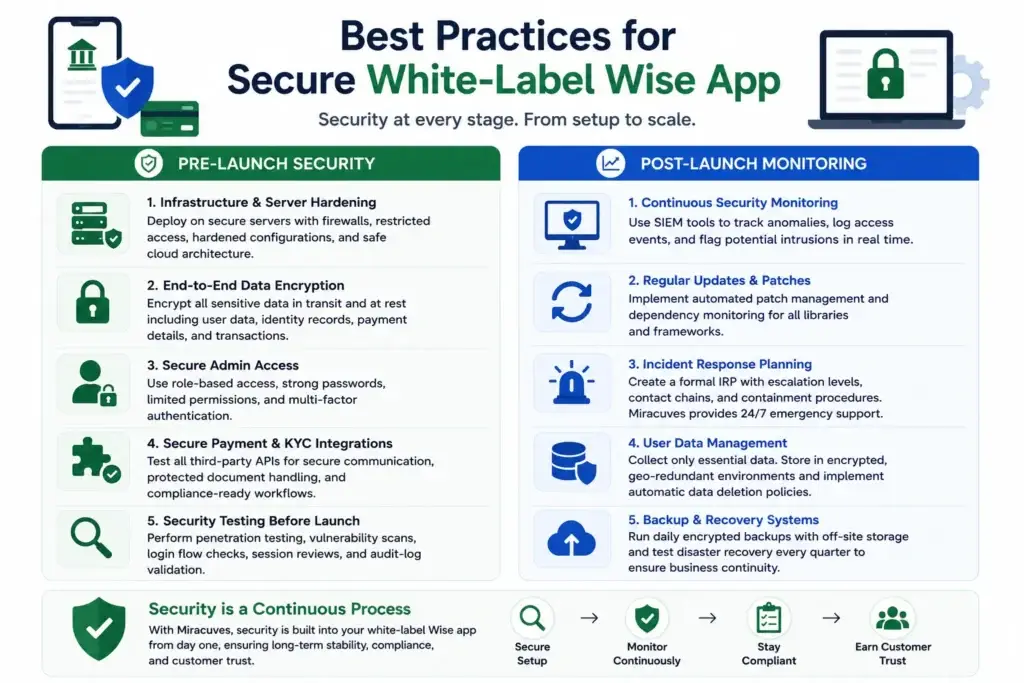 How Safe Is a White-Label Wise App? Security Guide 2026 2 white-label Wise app best practices, comparing pre-launch security steps such as server hardening, data encryption, secure admin access, protected payment and KYC integrations, and security testing with post-launch monitoring, updates, incident response, data management, and backup recovery.