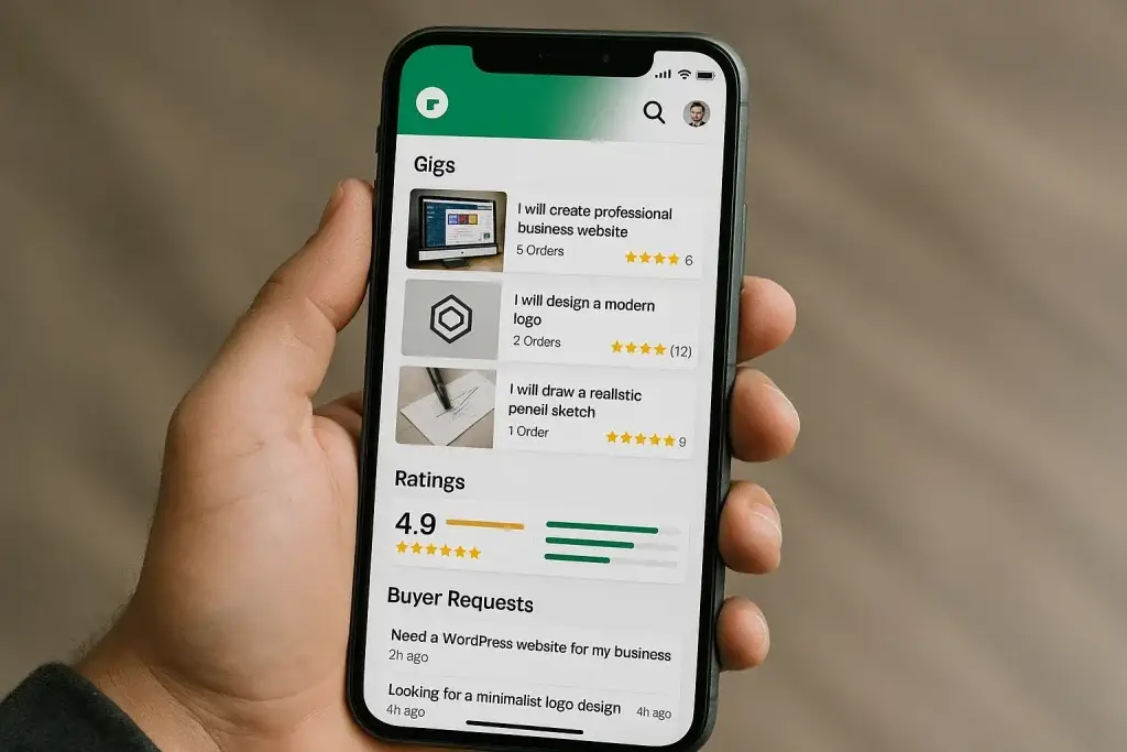 What is Fiverr App and How Does It Work? 1 A hand holding a smartphone displaying the Fiverr Clone App interface with gig listings and user ratings.