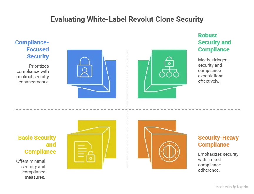 How Safe Is a White-Label Revolut app? Security Guide 2026 1 Security architecture matrix comparing authentication, encryption, compliance, and data protection in white-label fintech apps