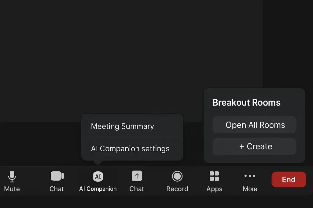 What is Zoom App and How Does It Work? 2 Zoom interface showing AI Companion and Breakout Room options with meeting controls
