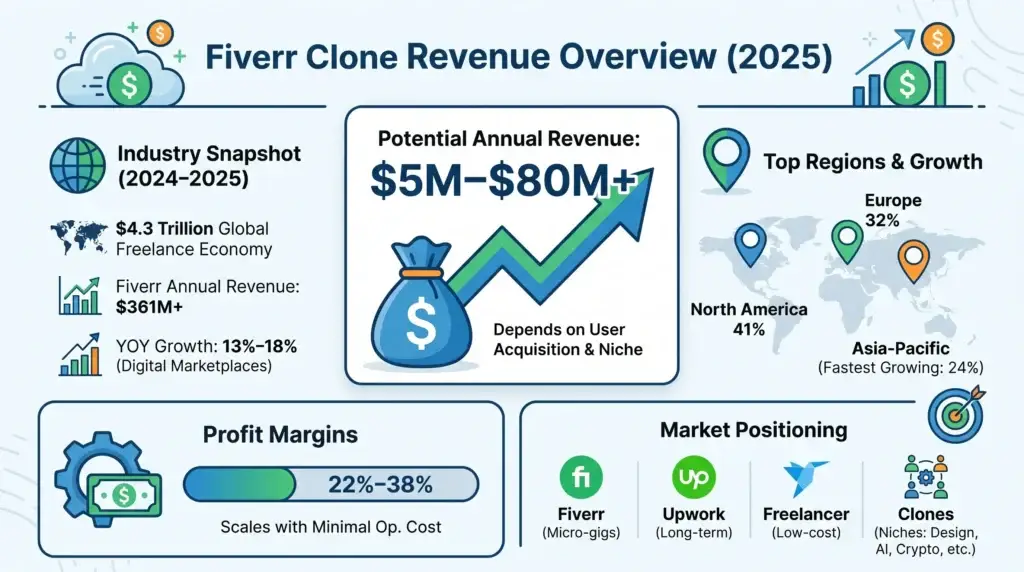 Fiverr Clone Revenue Model: How Fiverr-Like Platforms Make Money in 2026 1 Fiverr clone revenue overview infographic showing freelance marketplace industry snapshot, potential annual revenue, profit margins, top growth regions, and market positioning.