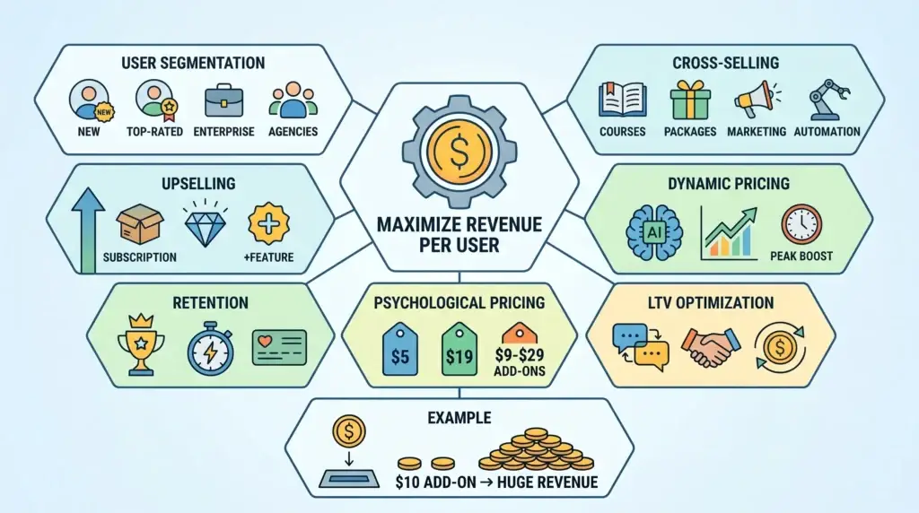 Fiverr Clone Revenue Model: How Fiverr-Like Platforms Make Money in 2026 2 Infographic showing Fiverr clone revenue optimization strategies including user segmentation, upselling, retention, cross-selling, dynamic pricing, psychological pricing, and LTV optimization.