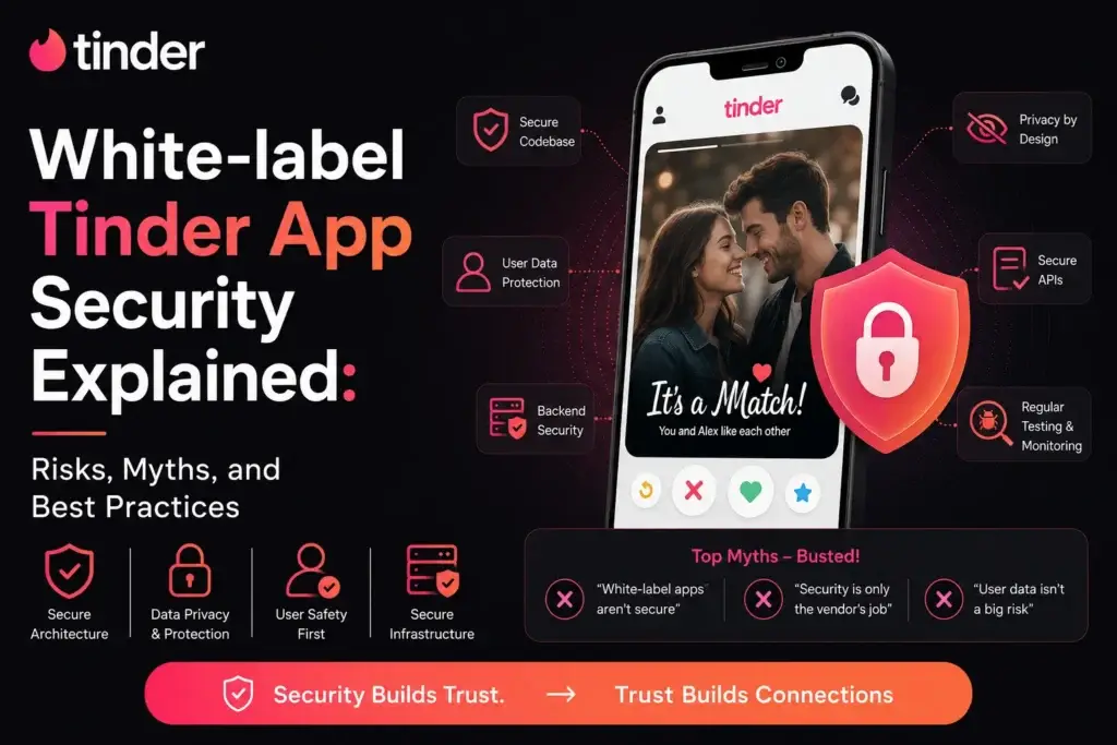 Dark corporate feature image for a Tinder white-label app security blog, showing a large smartphone UI with a dating app interface, security shield icon, and floating security feature cards around it. Bold headline text reads โWhite-label Tinder App Security Explained: Risks, Myths, and Best Practicesโ in Tinder-inspired pink, orange, and white colors on a dark background.