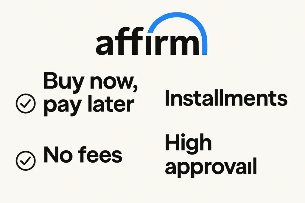 What is Affirm and How Does It Work? 2 Affirm buy now pay later features showing no fees, installments, and high approval benefits.