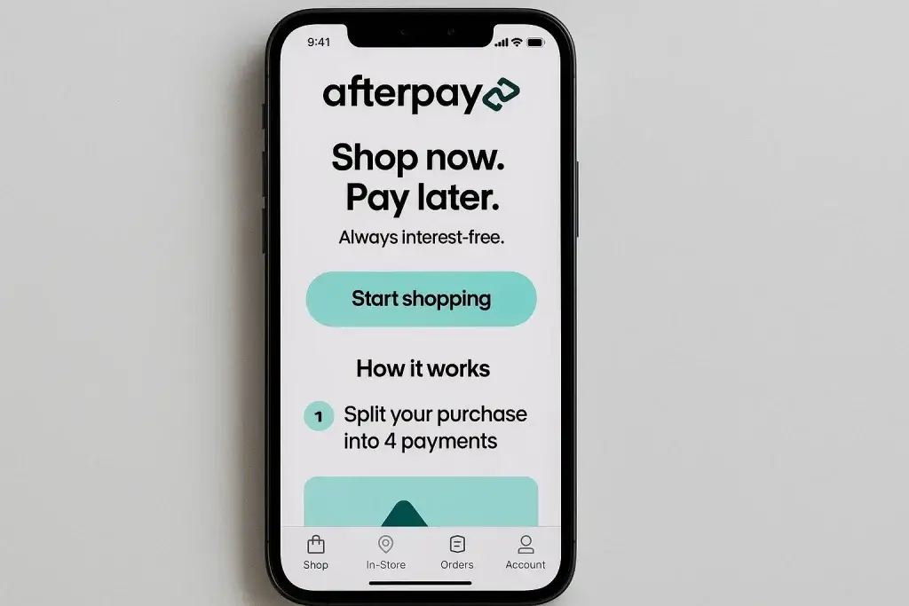 What is Afterpay and How Does It Work? 1 Mobile screen showing the Afterpay app interface with โShop now. Pay later.โ message, interest-free installment option, and shopping navigation menu.