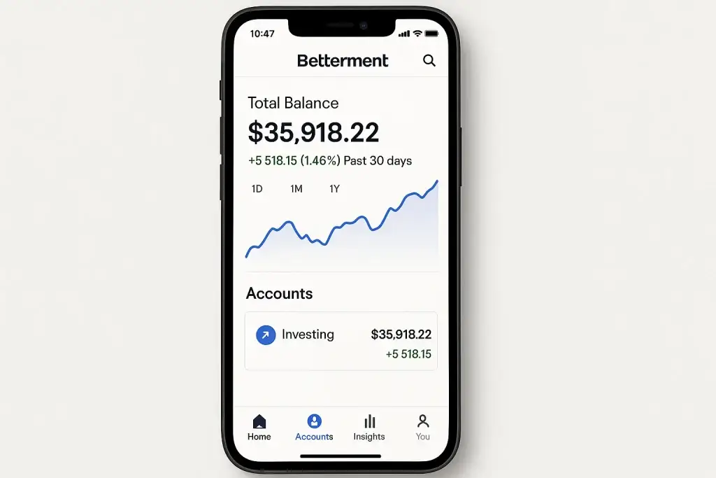 What is Betterment App and How Does It Work? 1 Betterment investing app interface displaying total balance of thirty five thousand nine hundred eighteen dollars with a rising performance chart and account overview on a smartphone screen.