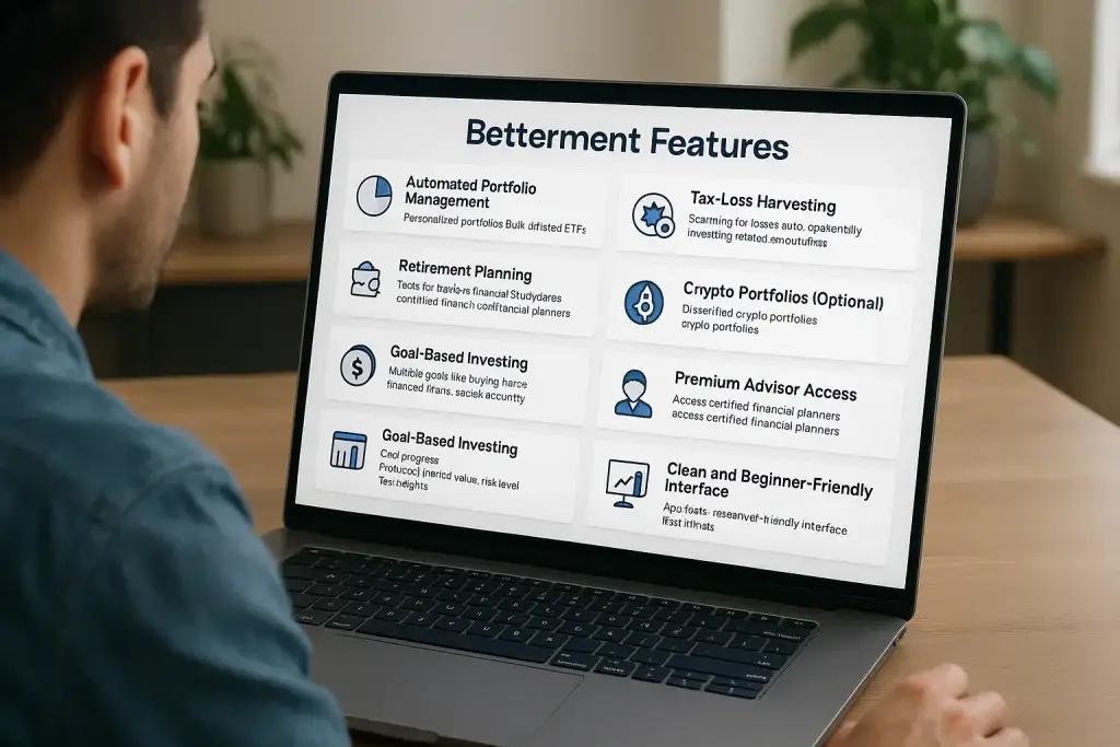 What is Betterment App and How Does It Work? 2 Person viewing a laptop screen displaying Betterment features including automated portfolio management, tax-loss harvesting, retirement planning, crypto portfolios, and premium advisor access.