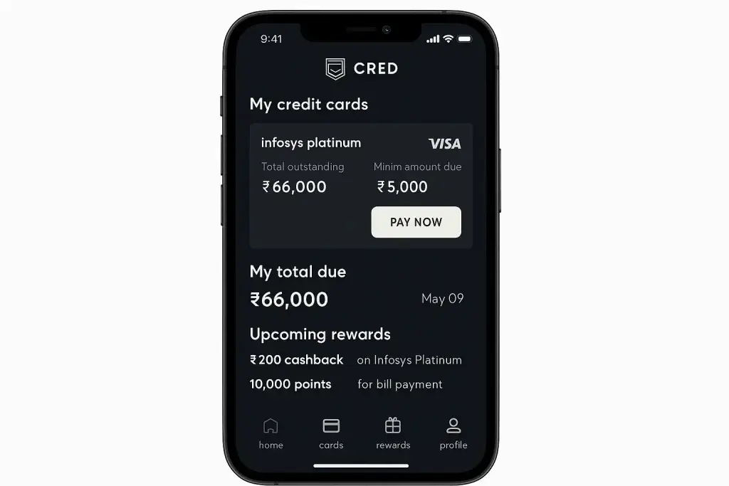 What is CRED and How Does It Work? 1 CRED app dashboard showing credit card payment due reminders and reward points.