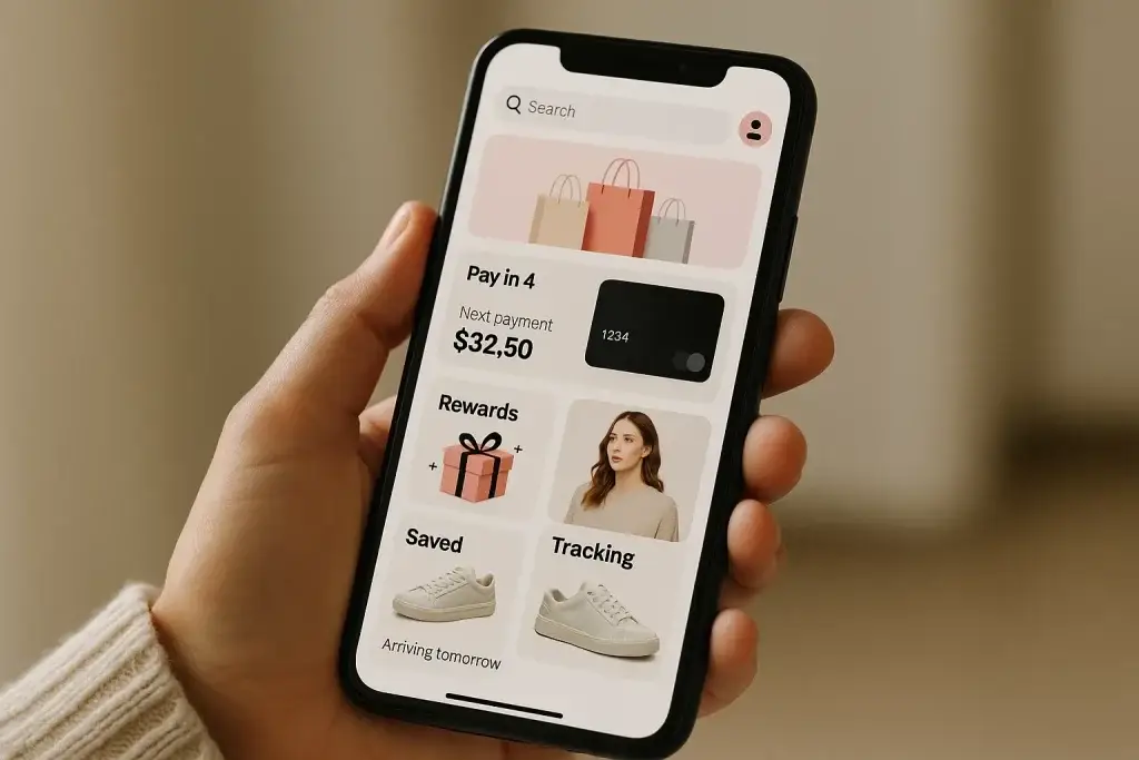 What is Klarna App and How Does It Work? 2 Hand holding a smartphone showing Klarna-style app interface with Pay in 4, rewards, saved items, and package tracking options.