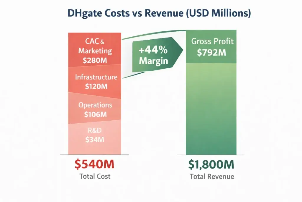 DHgate Revenue Model: How DHgate Makes Money in 2026 1 Cost vs Revenue visualization dhgate