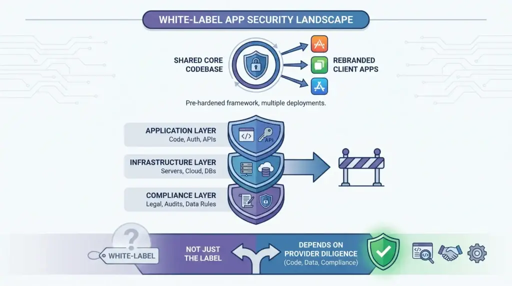 White-Label UberEats App Security: Is It Really Safe in 2026? 1 Infographic showing the white-label app security landscape with shared core codebase, rebranded client apps, application security, infrastructure security, compliance layers, and provider diligence.