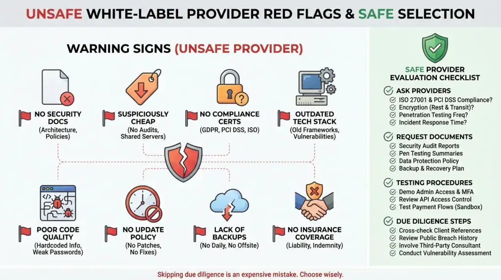 White-Label UberEats App Security: Is It Really Safe in 2026? 2 Infographic showing unsafe white-label provider warning signs such as no security documents, cheap pricing, no compliance, outdated tech stack, poor code quality, no updates, lack of backups, and safe provider evaluation checklist.
