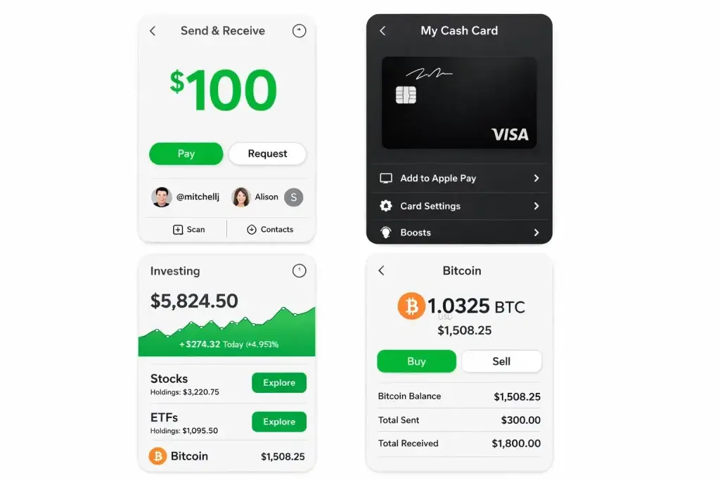 What Is Cash App and How Does It Work? 2 Cash App interface showcasing send and receive money screen with $100 balance, Cash Card management with Visa card, investing dashboard with stock and ETF holdings, and Bitcoin wallet screen with buy and sell options, representing an all-in-one fintech payment, investing, and cryptocurrency app.