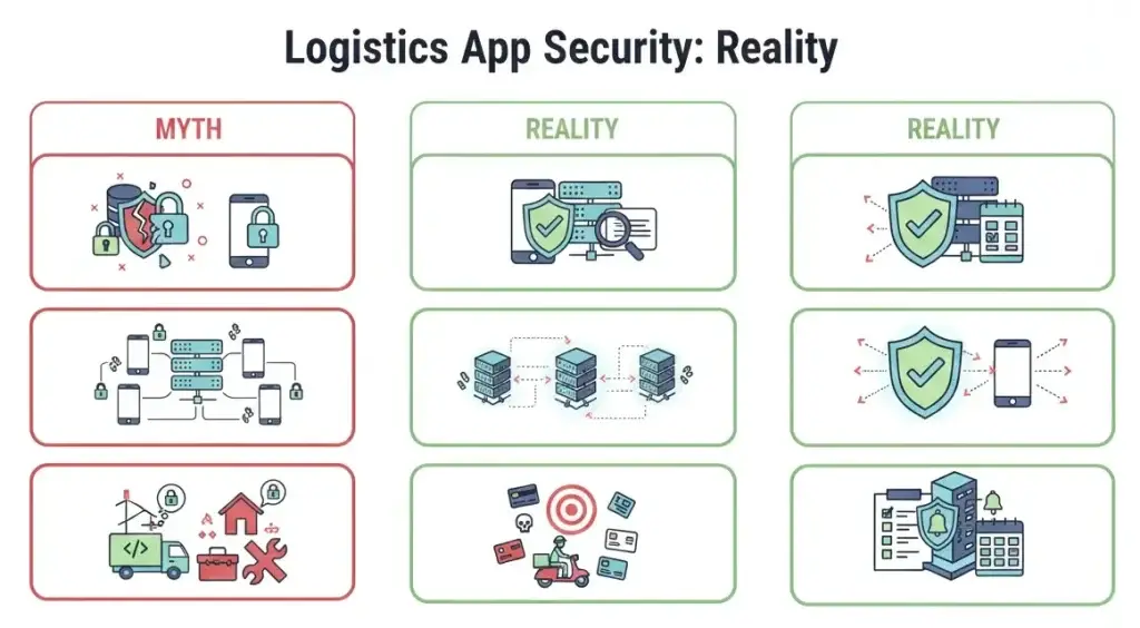 White-Label FedEx App Security: Risks, Compliance & Safety in 2026 1 Logistics app security myths vs reality showing secure backend architecture, encrypted APIs, compliance checks, and protected delivery systems