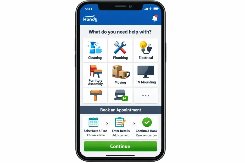 What Is Handy and How Does It Work? 1 Handy home services mobile app screen showing service selection options including cleaning, plumbing, electrical work, furniture assembly, moving, and TV mounting, with a step-by-step booking flow for selecting date and time, entering details, and confirming appointments.