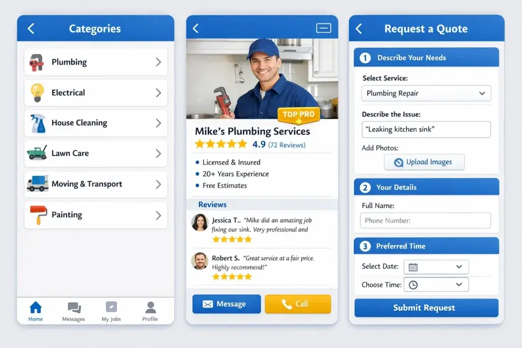 What Is Angi and How Does It Work? 2 Home services marketplace mobile app interface showing service categories like plumbing, electrical, house cleaning, lawn care, moving, and painting, a top-rated service provider profile with reviews and credentials, and a request-a-quote form allowing users to describe issues, upload photos, select preferred time, and submit service requests.