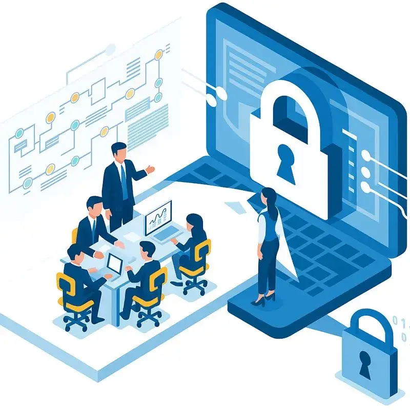 White-Label Instacart App Security: What Founders Must Know in 2026 2 Isometric illustration showing a business team working on laptops with a large digital padlock symbol on a laptop screen, representing app security and data protection.