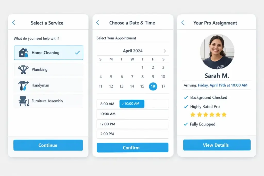 What Is Handy and How Does It Work? 2 On-demand home services booking app interface showing a step-by-step flow where users select a service like home cleaning, choose an available date and time from a calendar, and get automatically assigned to a verified professional with background check status, ratings, and arrival details displayed.