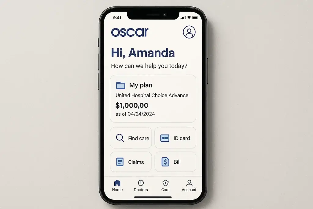 What is Oscar Health and How Does It Work? 1 Mobile screenshot of the Oscar Health insurance app dashboard showing a greeting โHi, Amandaโ and plan details for United Hospital Choice Advance with a balance of $1,000 as of April 24, 2024. The interface includes quick-access buttons for โFind care,โ โID card,โ โClaims,โ and โBill,โ along with bottom navigation tabs for Home, Doctors, Care, and Account. The minimalist UI uses blue icons on a clean white background, representing digital health plan management.
