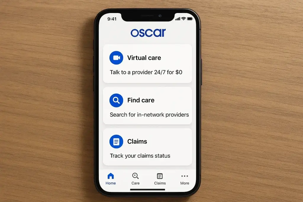 What is Oscar Health and How Does It Work? 2 Mobile screenshot of the Oscar Health insurance app showing three main options on the home screen: โVirtual careโ with 24/7 provider access for $0, โFind careโ for searching in-network doctors, and โClaimsโ to track claim status. The interface uses clean white cards with blue icons, displayed on an iPhone placed on a wooden desk surface. The bottom navigation includes Home, Care, Claims, and More, reflecting Oscarโs digital-first health management platform.