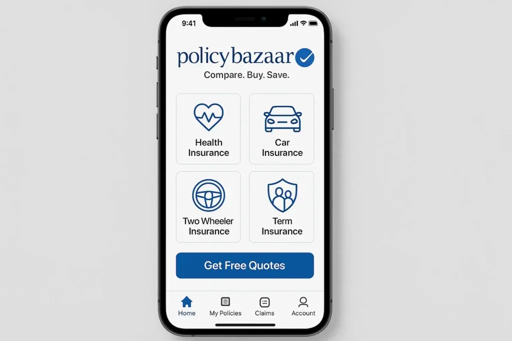 What is Policybazaar and How Does It Work? 1 PolicyBazaar mobile app dashboard displaying quick-access insurance options including Health Insurance, Car Insurance, Two Wheeler Insurance, and Term Insurance, with a โGet Free Quotesโ button and bottom navigation menu for Home, Policies, Claims, and Account.