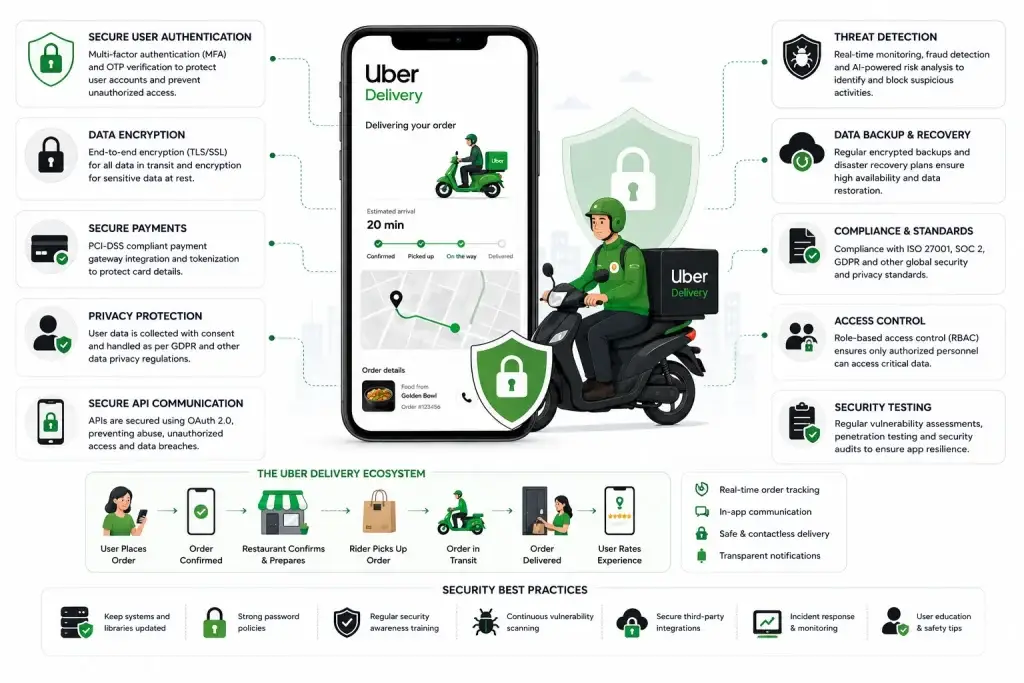 How Safe is a White-Label Uber Delivery App? Security Guide 2026 1 Uber Delivery app security infographic showing secure payments, MFA authentication, encrypted APIs, threat detection, compliance, and delivery platform protection