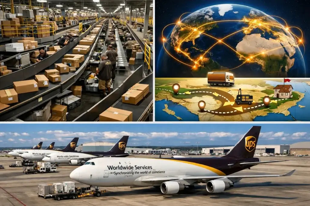 What is UPS and How Does It Work? 2 UPS fulfillment center operations combined with a global logistics network showing automated parcel sorting lines, worldwide shipping routes, last-mile delivery mapping, and UPS cargo aircraft representing end-to-end supply chain, air freight, and international courier services.