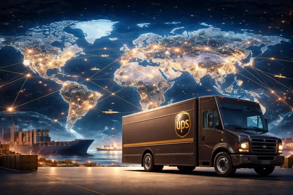 What is UPS and How Does It Work? 1 UPS global logistics network illustrated with a worldwide shipping map, connected trade routes, cargo ships, aircraft, and a UPS delivery truck representing international shipping, supply chain management, and cross-border courier operations