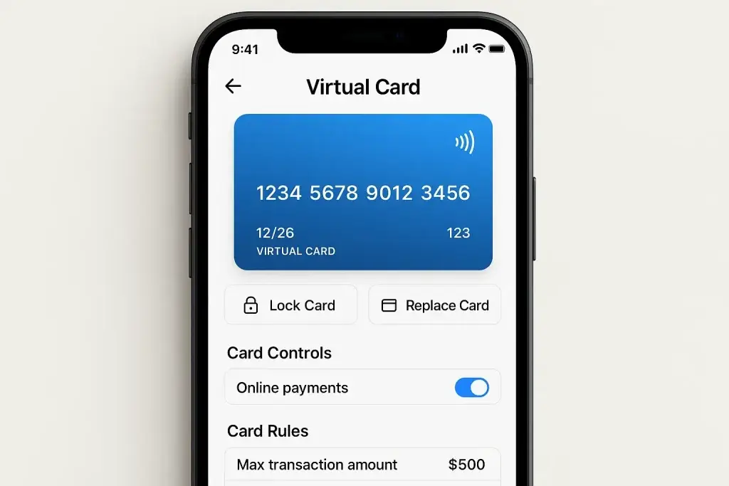 What Is Marqeta and How Does It Work? 2 Mobile app interface displaying a blue virtual payment card with card number, expiry date 12/26, and CVC. Below the card, the screen includes options to Lock Card and Replace Card. The interface also shows Card Controls such as toggling online payments on or off, and Card Rules including max transaction amount set to $500. This UI represents a modern fintech feature that allows users to manage digital cards, set spending limits, enable or disable payment channels, and enhance security through card locking and replacement.