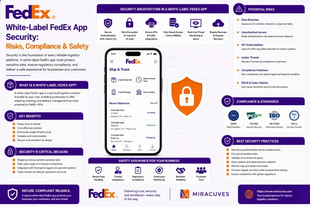 White-label FedEx app security infographic showing logistics app protection, compliance standards, secure APIs, threat monitoring, and cybersecurity risks