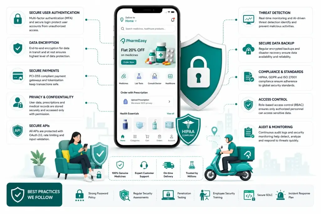 Is a White-Label PharmEasy App Safe? Complete Security Analysis 2026 1 PharmEasy healthcare app security infographic showing HIPAA compliance, data encryption, secure APIs, MFA authentication, and healthcare platform protection features
