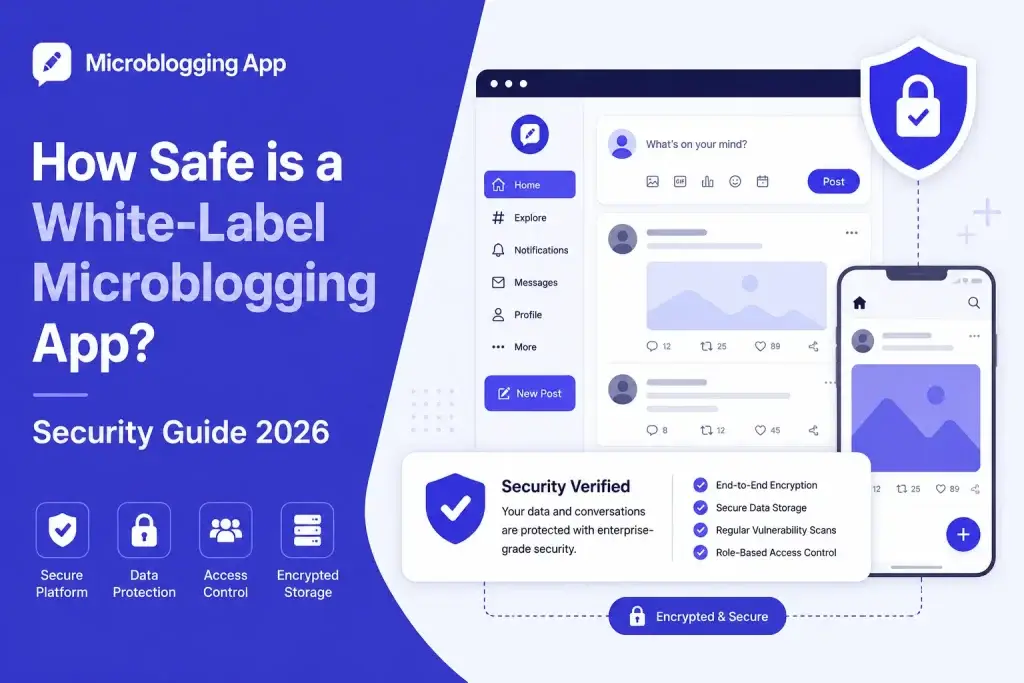 White-label microblogging app security infographic showing encrypted messaging, secure data storage, role-based access control, and enterprise-grade social platform protection