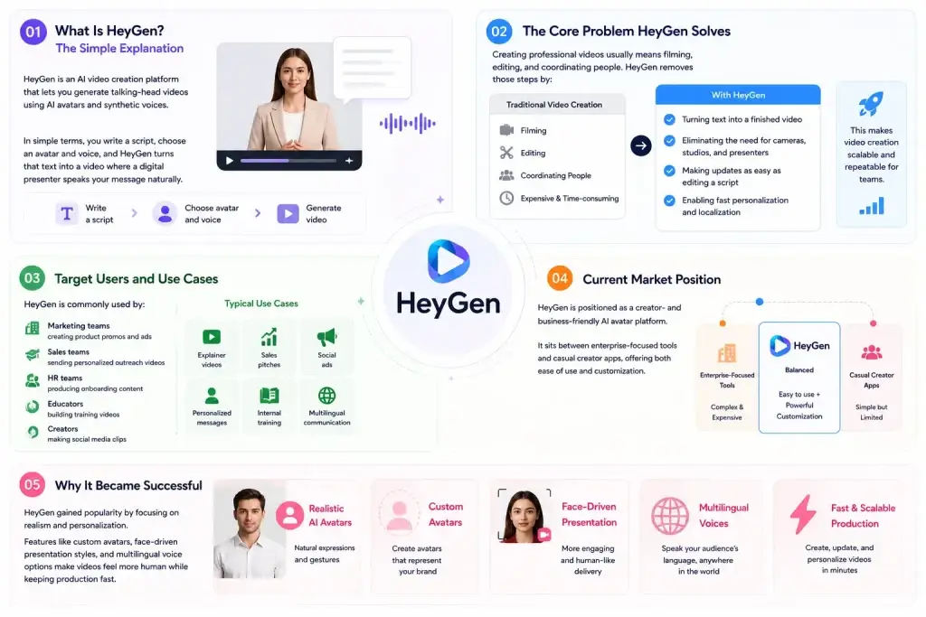 What Is HeyGen and How Does It Work? 1 Comprehensive HeyGen infographic showing AI video creation workflow, use cases, target users, multilingual avatars, and scalable content production