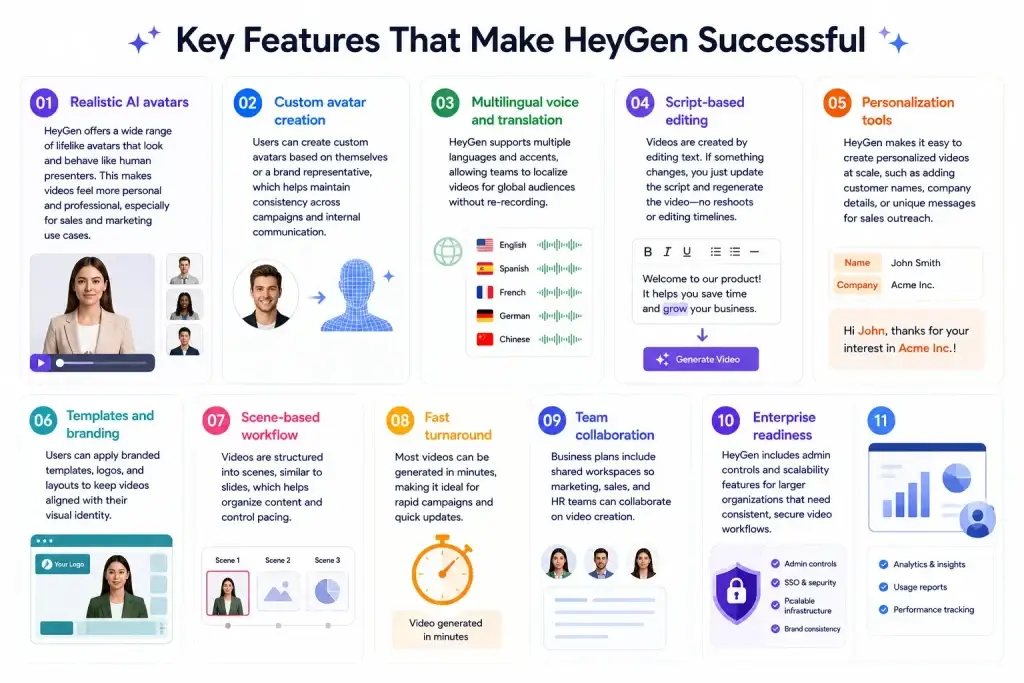 What Is HeyGen and How Does It Work? 2 Infographic highlighting HeyGen features including AI avatars, multilingual translation, text-based editing, personalization, branding, collaboration, and enterprise tools