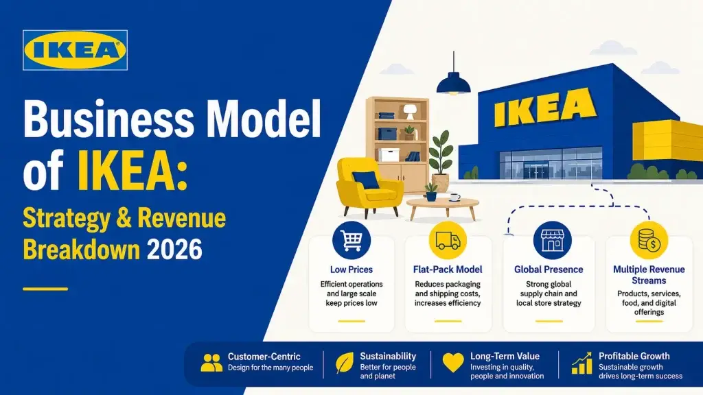 IKEA business model infographic showing flat-pack furniture strategy, global retail operations, and multiple revenue streams
