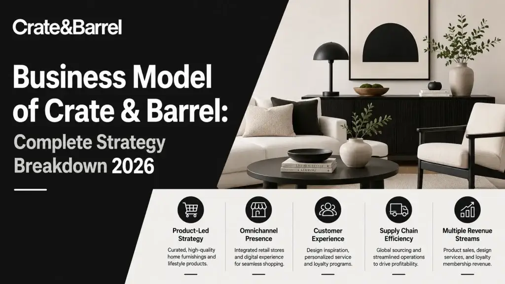 Crate & Barrel business model infographic featuring omnichannel retail strategy, customer experience, supply chain efficiency, and premium home furnishing revenue streams