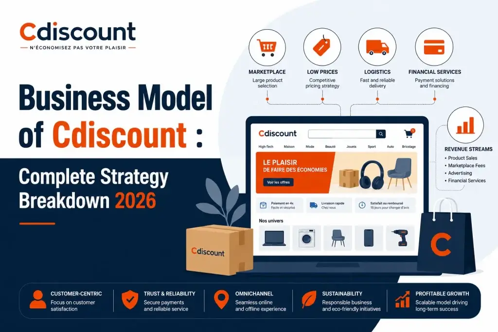 Cdiscount business model infographic showing ecommerce marketplace strategy, logistics, financial services, revenue streams, and omnichannel retail growth