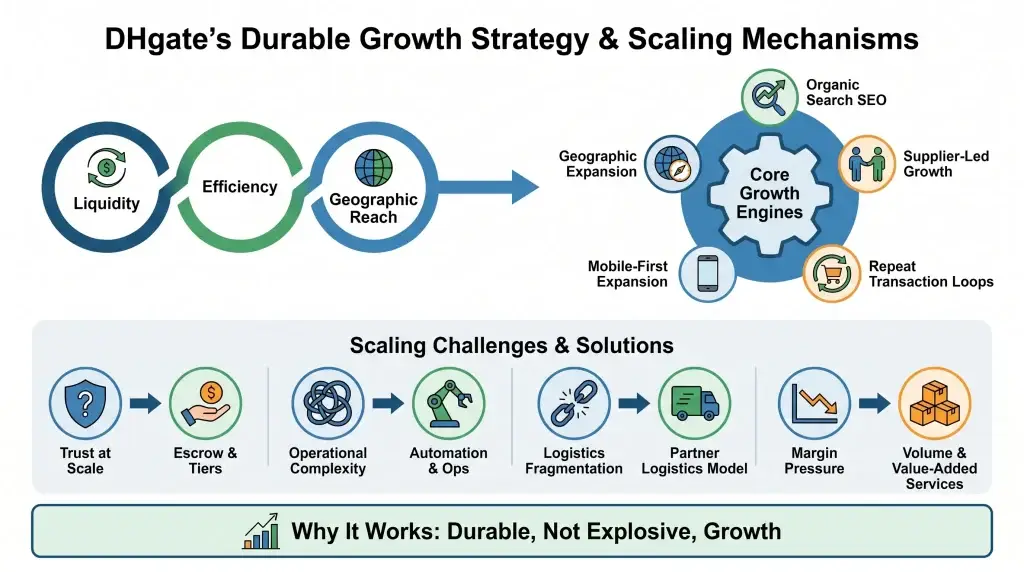 Business Model of DHgate : Complete Strategy Breakdown 2026 2 DHgate growth strategy infographic showing ecommerce scaling mechanisms, operational efficiency, supplier growth, logistics, and marketplace expansion