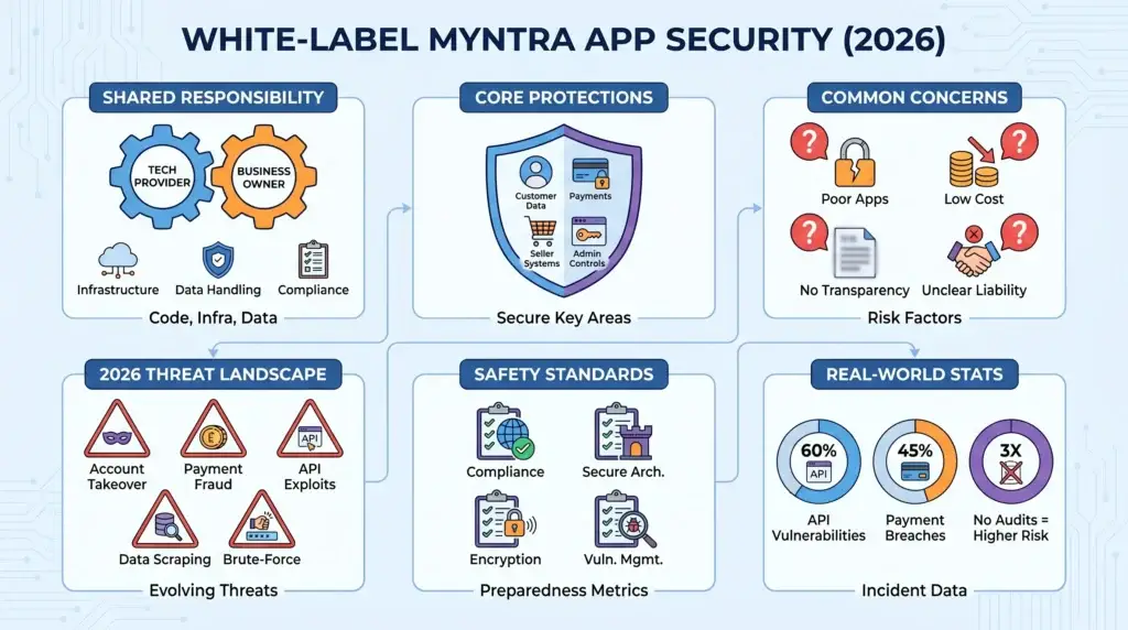How Safe Is a White-Label Myntra App? Security Guide 2026 1 Infographic showing white-label Myntra app security with shared responsibility, core protections, threat landscape, safety standards, compliance, encryption, API risks, payment fraud, and vulnerability management.