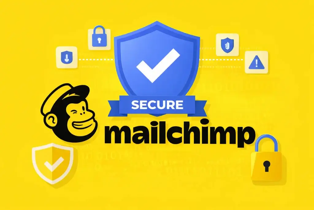 Mailchimp security illustration with secure email marketing platform, data protection shield, and cybersecurity icons