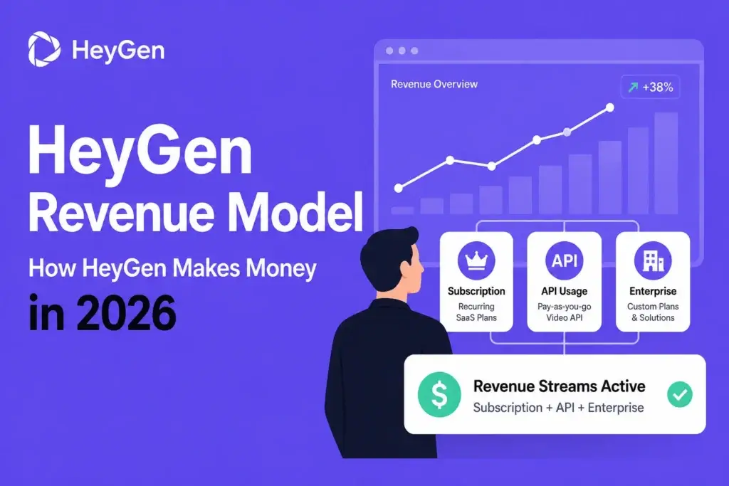 HeyGen revenue model 2026 showing subscription plans, API usage pricing, and enterprise solutions with growth chart