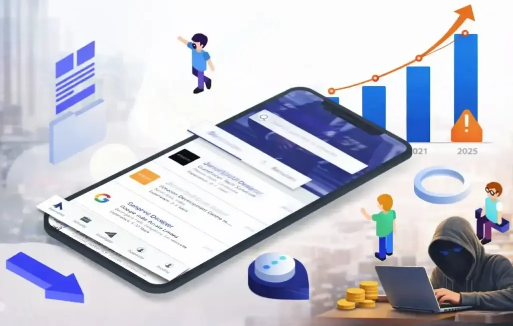 How Safe is a White-Label Job Portal App? Security Guide 2026 2 Illustration showing job portal app interface with rising scam graph, hacker activity, and user data risks