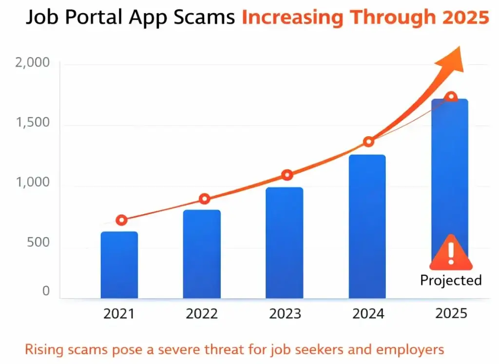 How Safe is a White-Label Job Portal App? Security Guide 2026 1 Graph showing increasing job portal app scams from 2021 to 2025 with projected risk warning