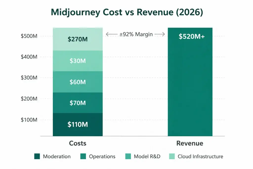 Midjourney Revenue Model: How Midjourney Makes Money in 2026 2 Midjourney cost vs revenue chart comparing operational costs, AI model R&D, cloud infrastructure expenses, and projected 2026 revenue